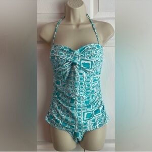 Tommy Bahama Women’s Blue & White Geometric Print One Piece Bathing Suit Size 10